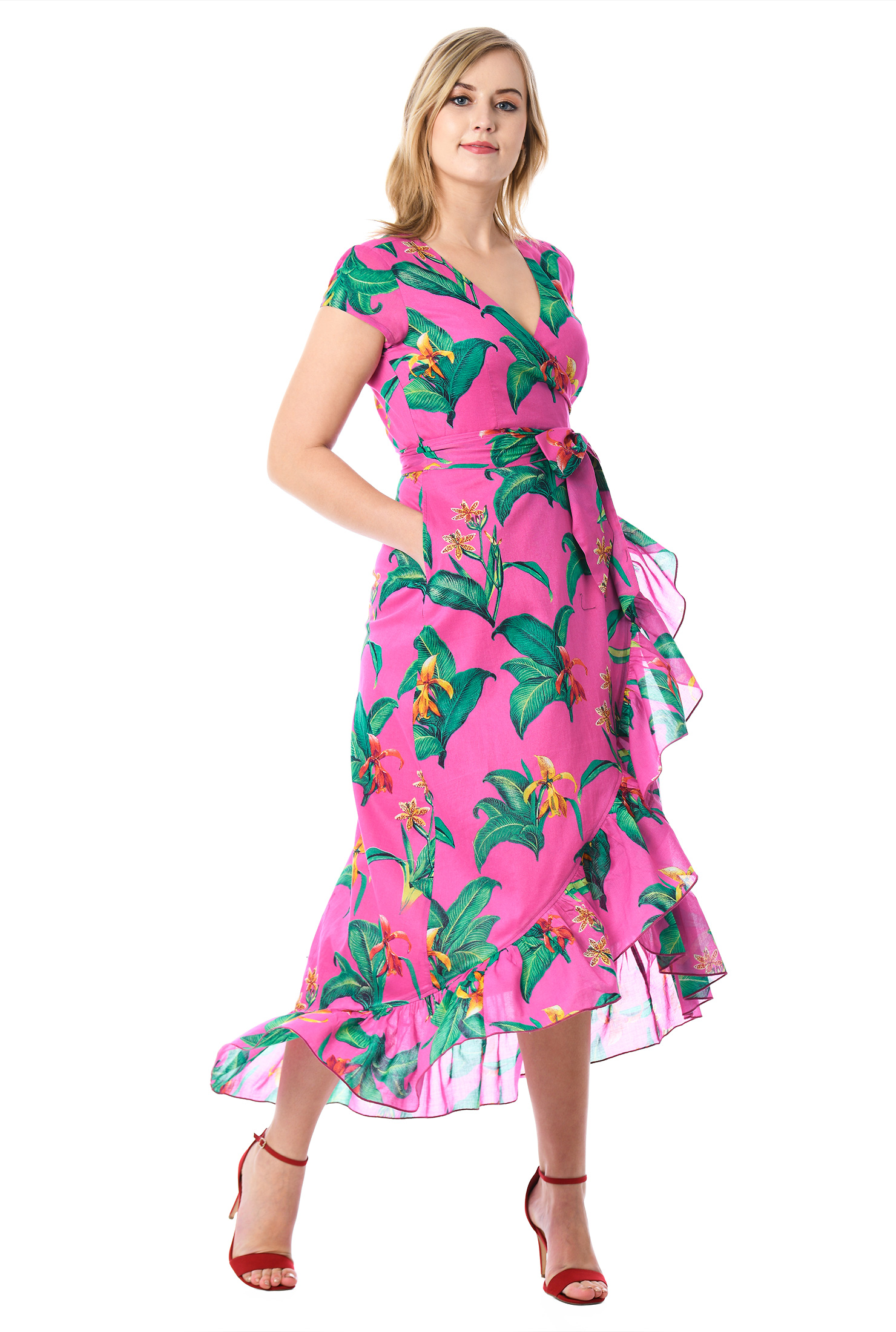 eShakti Women's Ruffle tropical print cotton voile wrap dress