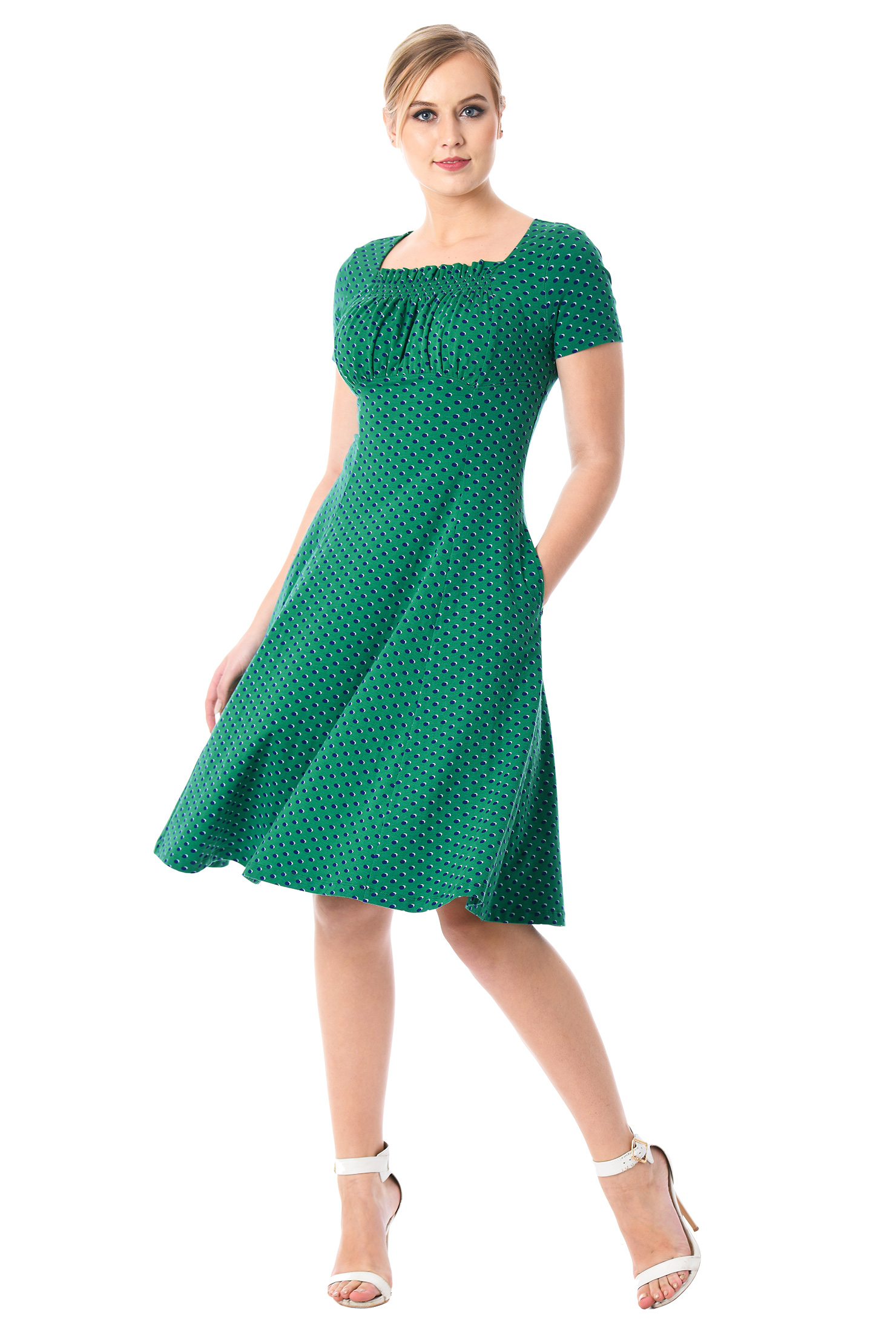 eShakti Women's Ruched bodice polka dot cotton knit dress