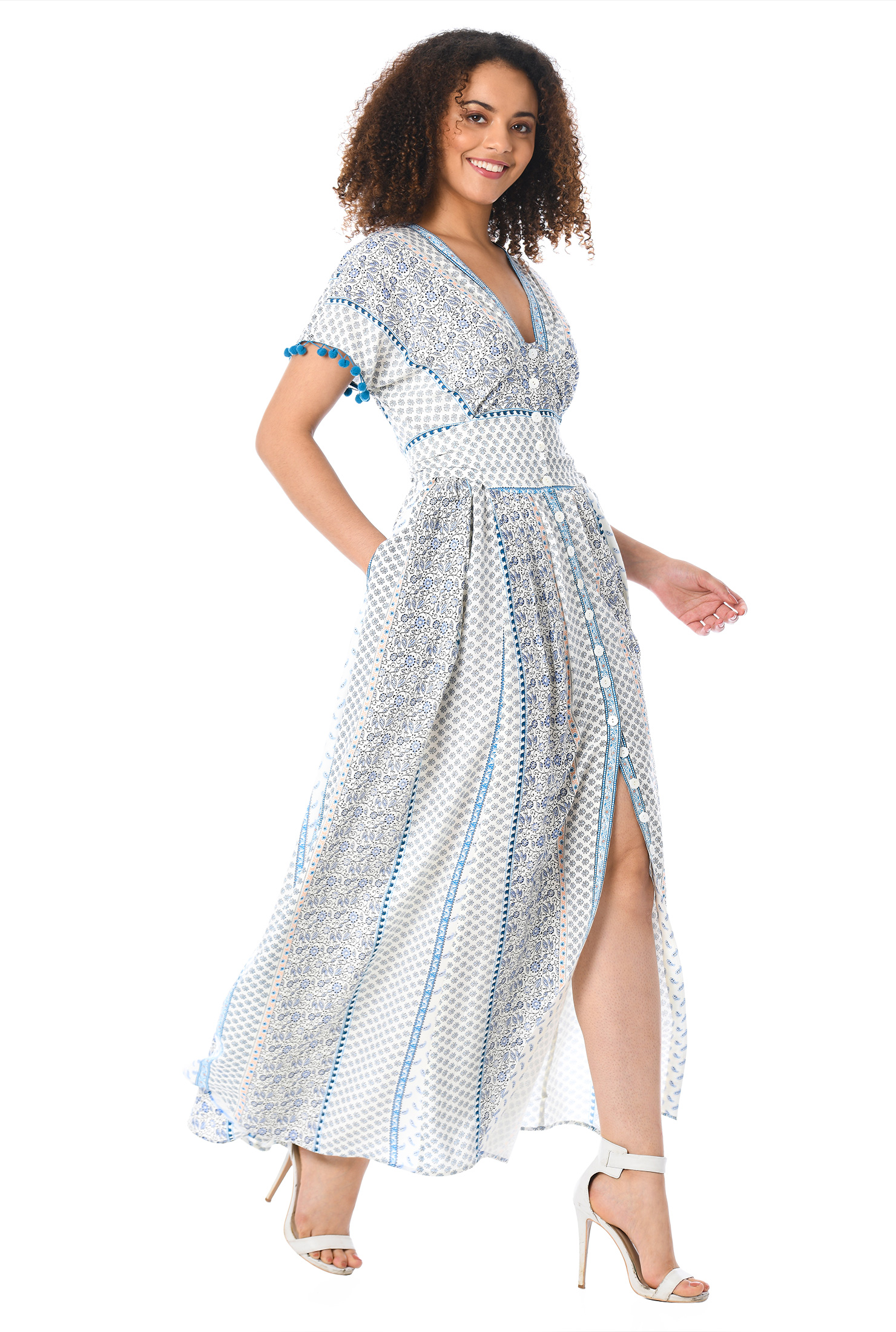 eShakti Women's Linear mixed print pompom trim maxi dress