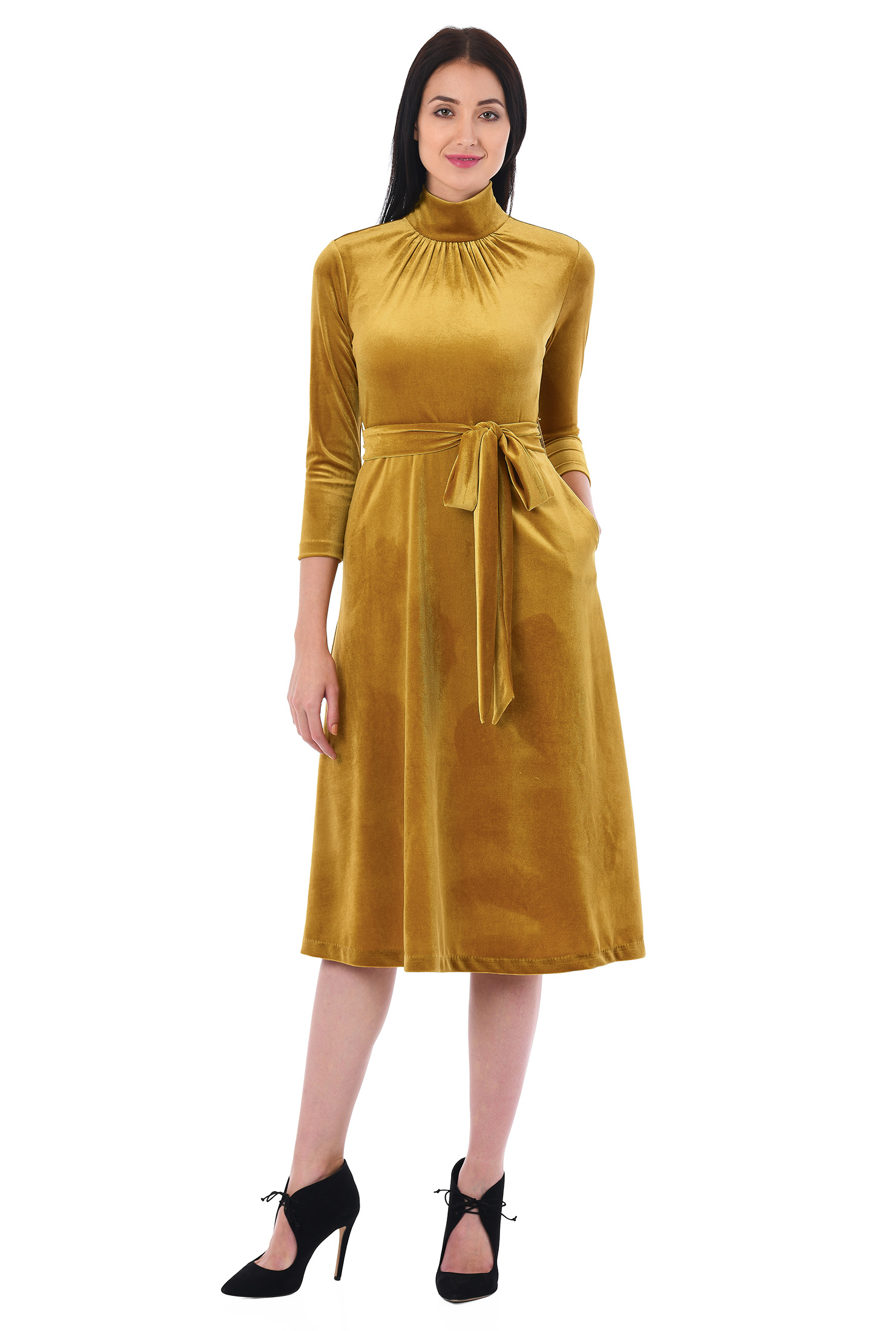 Women S Fashion Clothing 0 36w And Custom Belted Dresses Fit And Flare Golden Yellow Machine
