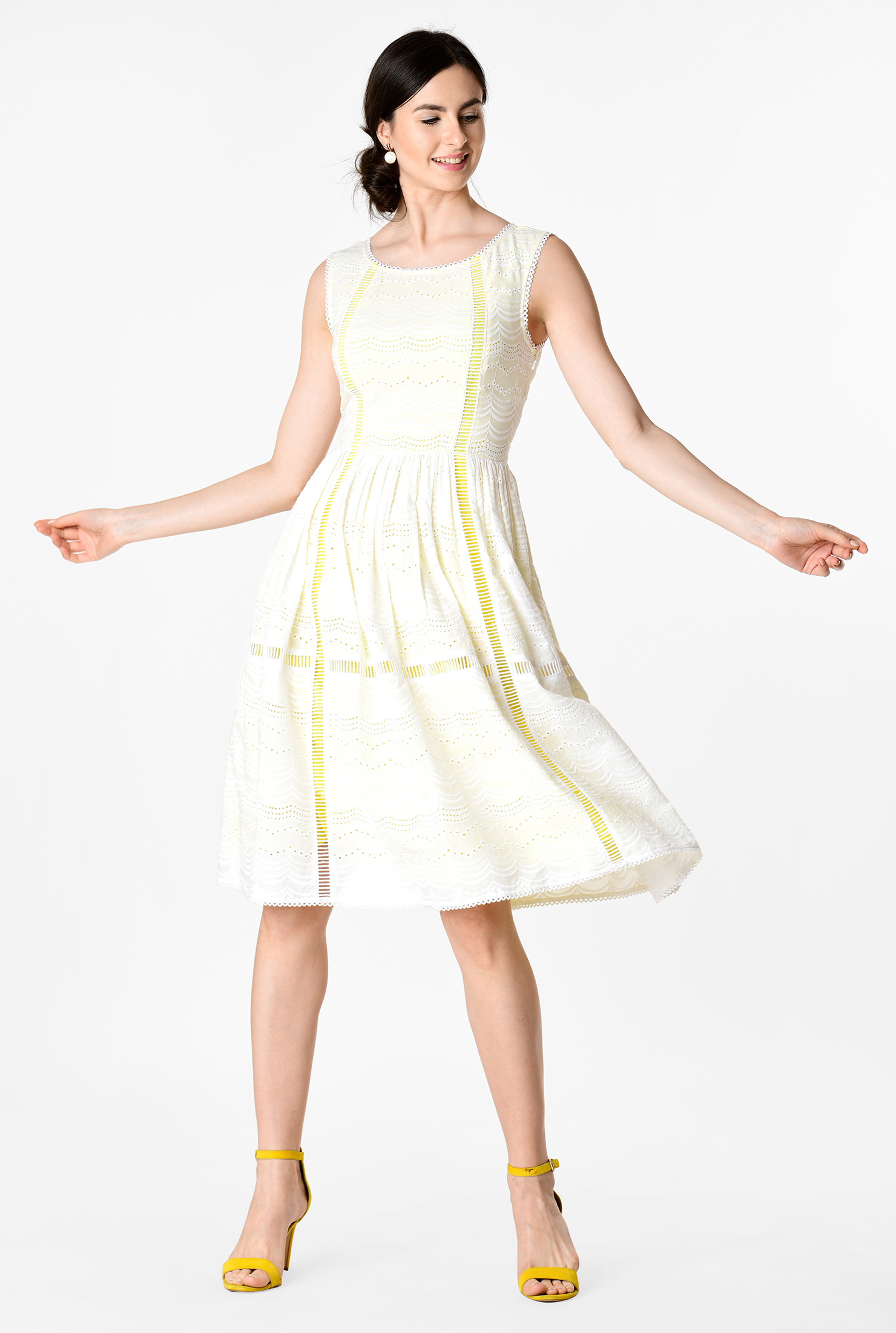 Lace V-Neck Eyelet Dress Yellow